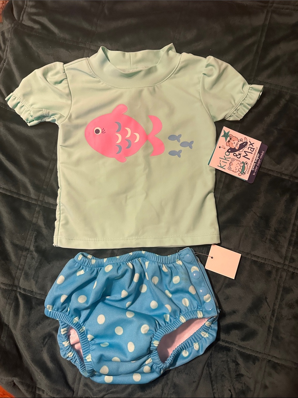 Kiko & Max Kids Mint Green Rashguard Swim Top with Blue Polka Dot Bottoms